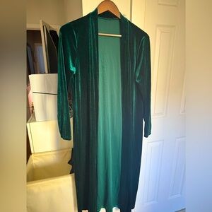 Green velvet open knee-length cardigan